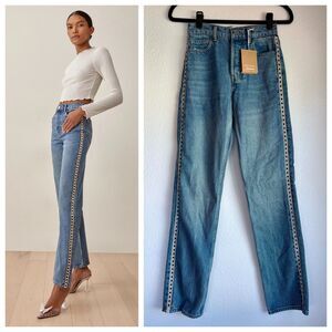 NWT Reformation Crystal High Rise Straight Long Jeans in Maldives Medium Wash 24